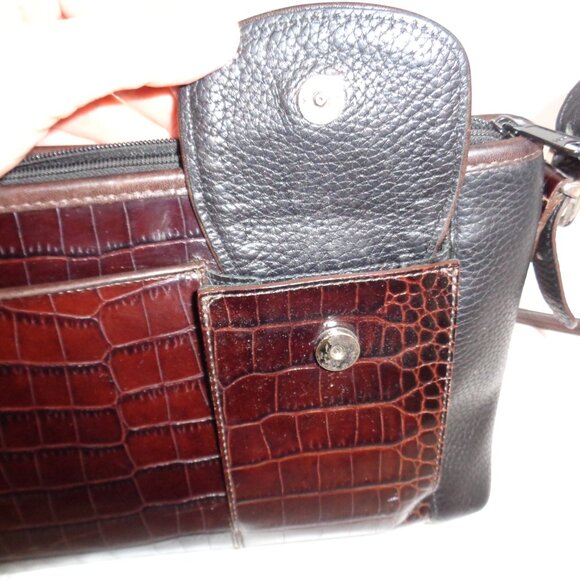 VTG BRIGHTON Organizer Black & Brown Leather Croc Embossed Shoulder Bag Purse - Picture 13 of 16